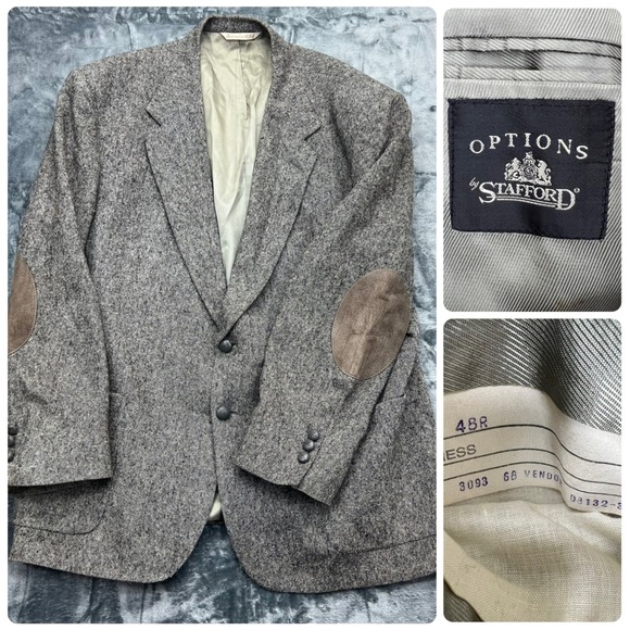 Vintage Tweed Suede Elbow Patches Stafford Blazer Sport Coat 48R USA 100% Wool